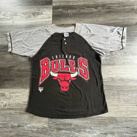 Vintage 90s Chalk Line NBA Chicago Bulls Mens L Henley Baseball T-shirt Tee - Picture 1 of 7